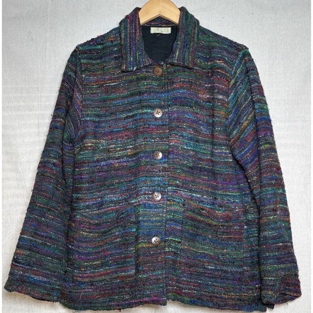 Territory Ahead 90s Multicolor Wood Button Heavy Tweed 100% Silk Jacket Sz M